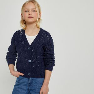 Vest met V-hals, in fijn tricot met ajour LA REDOUTE COLLECTIONS. Katoen materiaal. Maten 8 jaar - 126 cm. Blauw kleur