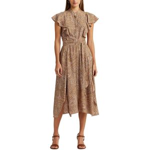 Wijd uitlopende bedrukte jurk met korte mouwen EARLAIN LAUREN RALPH LAUREN. Polyester materiaal. Maten 36 FR - 34 EU. Beige kleur