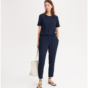 Jumpsuit in reliëfstof ANNE WEYBURN. Polyester materiaal. Maten 52 FR - 50 EU. Blauw kleur