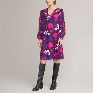 Rechte jurk, bloemenprint, halflang ANNE WEYBURN. Polyester materiaal. Maten 52 FR - 50 EU. Violet kleur