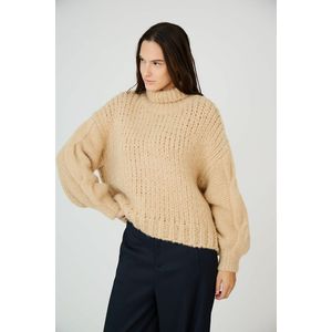 Trui in grof tricot met rolkraag SEE U SOON. Polyester materiaal. Maten S/M. Beige kleur