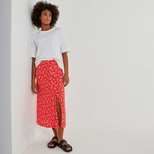 Wijd uitlopende midi rok met zijsplit, bloemenprint LA REDOUTE COLLECTIONS. Viscose materiaal. Maten 38 FR - 36 EU. Rood kleur