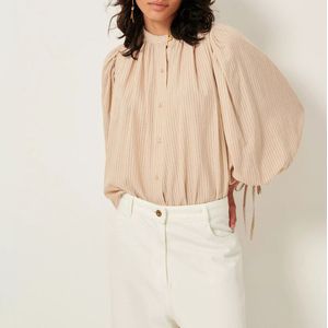 Gestreepte blouse met ronde hals en pofmouwen, DALI SESSUN. Viscose materiaal. Maten M. Beige kleur