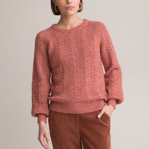 Trui met ronde hals, kabeltricot, mixed mohair ANNE WEYBURN. Mohair materiaal. Maten 50/52 FR - 48/50 EU. Kastanje kleur