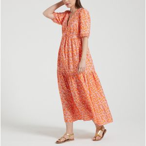 Bedrukte lange jurk met V-hals SEE U SOON. Viscose materiaal. Maten 4(XL). Oranje kleur