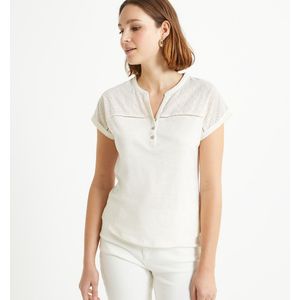 T-shirt met tuniekhals en korte mouwen ANNE WEYBURN. Katoen materiaal. Maten 34/36 FR - 32/34 EU. Wit kleur