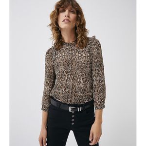 Bedrukte blouse met ronde hals en lange mouwen IKKS. Viscose materiaal. Maten 38 FR - 36 EU. Kastanje kleur