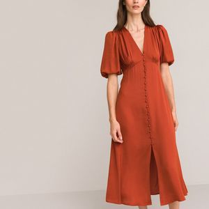 Lange jurk, v-hals, korte pofmouwen LA REDOUTE COLLECTIONS. Polyester materiaal. Maten 44 FR - 42 EU. Rood kleur