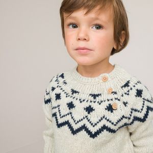 Trui met ronde hals in fijn tricot, jacquard motief LA REDOUTE COLLECTIONS. Katoen materiaal. Maten 18 mnd - 81 cm. Beige kleur