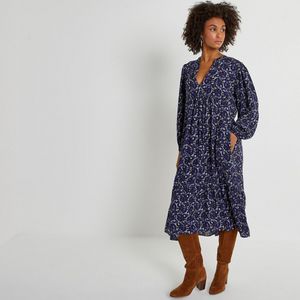 Wijde uitlopende bedrukt jurk, midi lengte LA REDOUTE COLLECTIONS. Viscose materiaal. Maten 44 FR - 42 EU. Blauw kleur