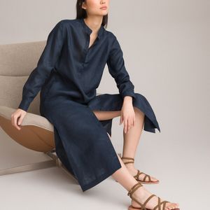 Lange jurk met lange mouwen, in linnen LA REDOUTE COLLECTIONS. Linnen materiaal. Maten 36 FR - 34 EU. Blauw kleur