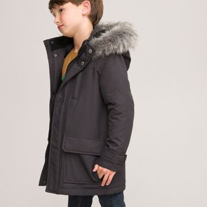 Warme parka met kap afgeboord met imitatiebont LA REDOUTE COLLECTIONS. Polyester materiaal. Maten 10 jaar - 138 cm. Zwart kleur