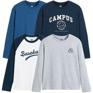 Set  van 4 T-shirts met lange mouwen, thema campus LA REDOUTE COLLECTIONS. Jersey materiaal. Maten 8 jaar - 126 cm. Blauw kleur