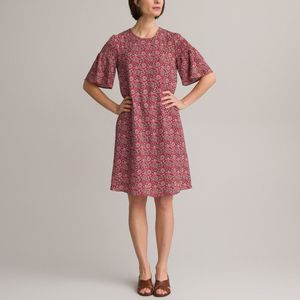 Wijd uitlopende jurk, bloemenprint, halflang ANNE WEYBURN. Polyester materiaal. Maten 38 FR - 34 EU. Roze kleur
