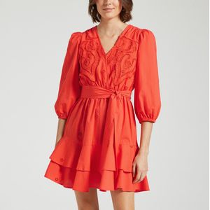 Kort, wijd uitlopende jurk met volants, 3/4 mouwen CLIFF SUNCOO. Katoen materiaal. Maten 0(XS). Oranje kleur