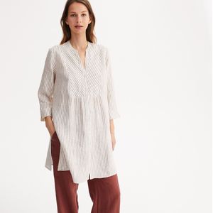 Linnen tuniek met Tunesische kraag en 3/4 mouwen ANNE WEYBURN. Linnen materiaal. Maten 44 FR - 42 EU. Kastanje kleur