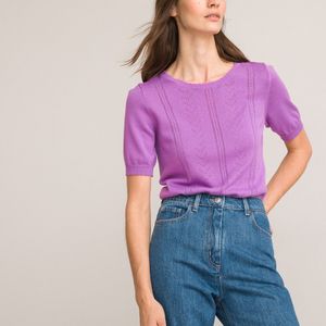 Trui met korte mouwen in fijn pointelle tricot LA REDOUTE COLLECTIONS. Katoen materiaal. Maten XL. Violet kleur