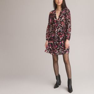 Korte jurk met V-hals, lange mouwen, bedrukt LA REDOUTE COLLECTIONS. Polyester materiaal. Maten 42 FR - 40 EU. Zwart kleur