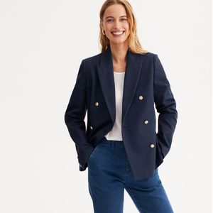 Blazerjasje, slank model, double breasted ANNE WEYBURN. Polyester materiaal. Maten 38 FR - 34 EU. Blauw kleur