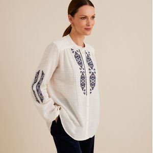 Geborduurde blouse, ronde hals, lange mouwen ANNE WEYBURN. Katoen materiaal. Maten 50 FR - 48 EU. Wit kleur