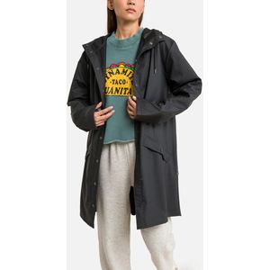 Unisex jas met kap, waterafstotend Mi-Long Jacket RAINS. Polyester materiaal. Maten XS. Zwart kleur