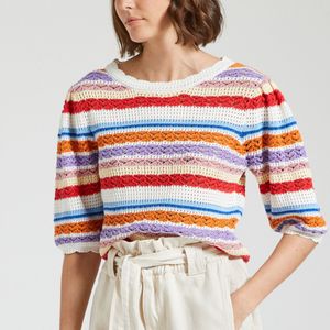 Gestreepte trui met ronde hals in tricot met ajour PANACA SUNCOO. Katoen materiaal. Maten 1(S). Multicolor kleur