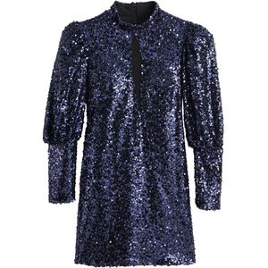 Korte jurk, lange pofmouwen, met zecchino's KEVIN GERMANIER X LA REDOUTE. Polyester materiaal. Maten 42 FR - 40 EU. Blauw kleur