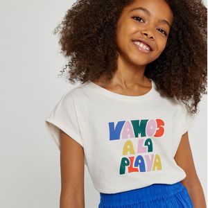 T-shirt met korte mouwen en "tekst" LA REDOUTE COLLECTIONS. Katoen materiaal. Maten 8 jaar - 126 cm. Beige kleur