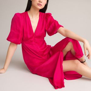 Lang, wijd uitlopend jurk, korte pofmouwen LA REDOUTE COLLECTIONS. Polyester materiaal. Maten 44 FR - 42 EU. Roze kleur