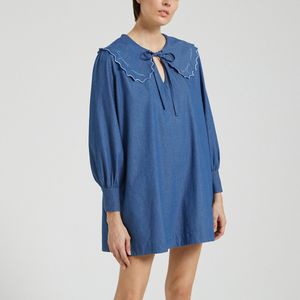 Korte jurk met Claudinekraag VERGENNES MAISON LABICHE. Katoen materiaal. Maten XL. Blauw kleur