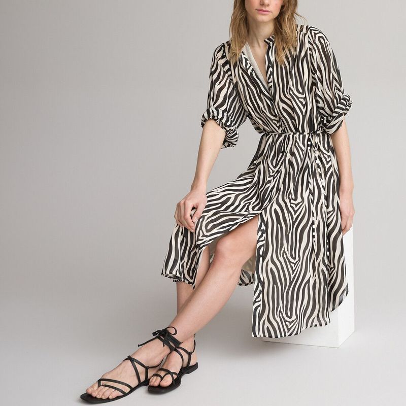 Lange jurk met opstaande kraag, dierenprint LA REDOUTE COLLECTIONS. Polyester materiaal. Maten 38 FR - 36 EU. Blauw kleur