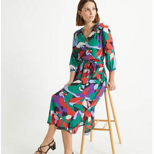 Wijd uitlopende jurk, bloemenprint, 3/4 midi lengte ANNE WEYBURN. Viscose materiaal. Maten 46 FR - 44 EU. Zwart kleur