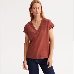 T-shirt V-hals, korte mouwen, macramé detail ANNE WEYBURN. Katoen materiaal. Maten 34/36 FR - 32/34 EU. Kastanje kleur
