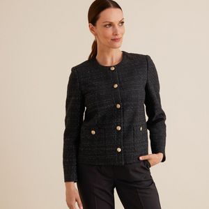 Kort jasje in tweed, recht model ANNE WEYBURN. Wol materiaal. Maten 42 FR - 40 EU. Zwart kleur