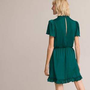 Korte jurk, opstaande kraag met volant, korte mouwen LA REDOUTE COLLECTIONS. Polyester materiaal. Maten 40 FR - 38 EU. Groen kleur