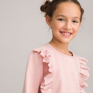 Sweater met ronde hals in molton, geborduurde volants LA REDOUTE COLLECTIONS. Geruwd molton materiaal. Maten 10 jaar - 138 cm. Roze kleur