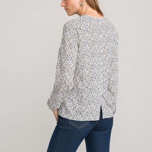 Blouse met V-hals, bloemenprint, lange mouwen ANNE WEYBURN. Viscose materiaal. Maten 52 FR - 50 EU. Beige kleur