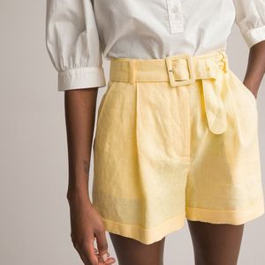 Short met plooien, in linnen LA REDOUTE COLLECTIONS. Linnen materiaal. Maten 48 FR - 46 EU. Geel kleur