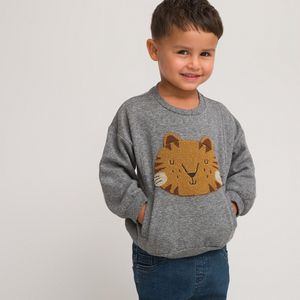 Sweater met ronde hals in molton, tijgermotief LA REDOUTE COLLECTIONS. Geruwd molton materiaal. Maten 5 jaar - 108 cm. Grijs kleur