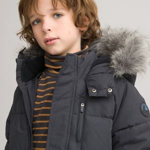 Warme lange donsjas met kap, afneembare boord LA REDOUTE COLLECTIONS. Polyester materiaal. Maten 3 jaar - 94 cm. Grijs kleur