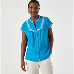 Geborduurde blouse, ronde hals, korte mouwen ANNE WEYBURN. Katoen materiaal. Maten 50 FR - 48 EU. Blauw kleur