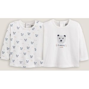 Set van 2 T-shirts met lange mouwen en berenprint LA REDOUTE COLLECTIONS. Katoen materiaal. Maten 1 jaar - 74 cm. Wit kleur