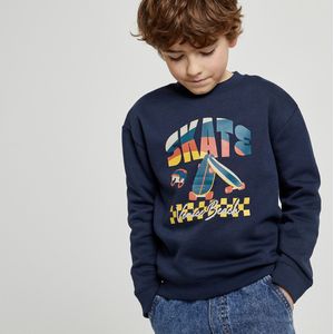 Sweater met ronde hals in molton, skate motief vooraan LA REDOUTE COLLECTIONS. Geruwd molton materiaal. Maten 9 jaar - 132 cm. Blauw kleur