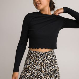 Cropped T-shirt met lange mouwen in ribtricot LA REDOUTE COLLECTIONS. Katoen materiaal. Maten 14 jaar - 156 cm. Zwart kleur