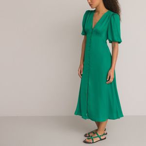 Lang, wijd uitlopend jurk, korte pofmouwen LA REDOUTE COLLECTIONS. Polyester materiaal. Maten 40 FR - 38 EU. Groen kleur