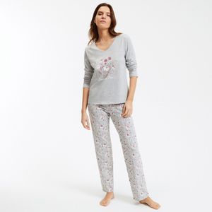Katoenen pyjama, bloemenprint, lange mouwen ANNE WEYBURN. Katoen materiaal. Maten 38/40 FR - 36/38 EU. Grijs kleur