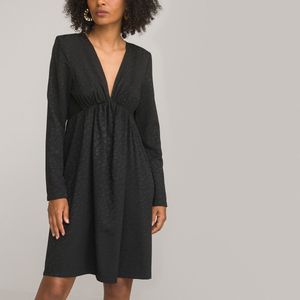 Wijd uitlopende korte jurk, V-hals, lange mouwen LA REDOUTE COLLECTIONS. Viscose materiaal. Maten 40 FR - 38 EU. Zwart kleur