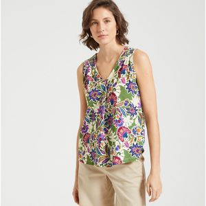 T-shirt met V-hals, zonder mouwen, bloemenprint ANNE WEYBURN. Katoen materiaal. Maten 42/44 FR - 40-42 EU. Groen kleur