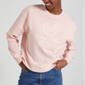 Sweater met ronde hals en lange mouwen, motief vooraan TOMMY HILFIGER. Katoen materiaal. Maten S. Roze kleur