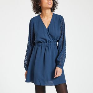 Jurk met V-hals en lange mouwen ONLY. Polyester materiaal. Maten L. Blauw kleur